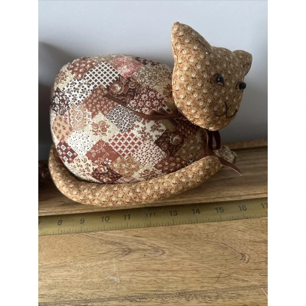 Vintage Handmade Sewn Stuffed Fabric Set Of 2 Cats Kitten Brown